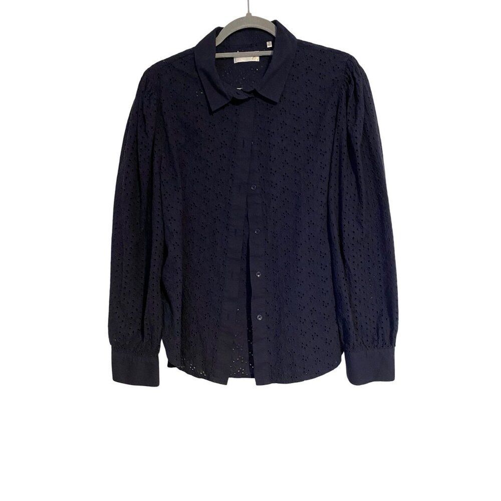 7 For All Mankind Blouse Women's XL Navy Eyelet Button-Up Shirt Casual Comfy